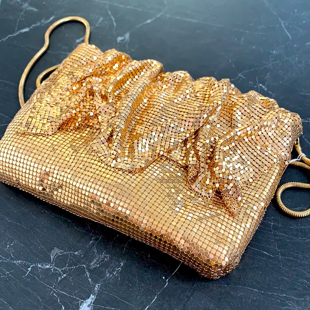 Mesh bag with drape front and shoulder strap, Gold